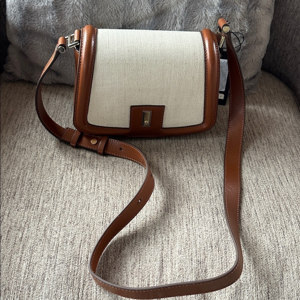 BOSS SADDLE BAG WITH LEATHER TRIMS Elegant Cream and Brown Women's Bag Sold out! - Picture 5 of 11